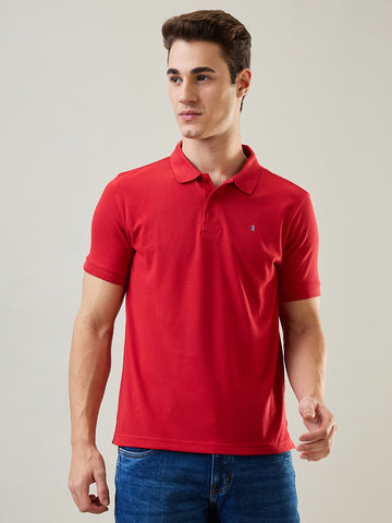 Tim Paris Men's Red Polo Neck Solid T-Shirt