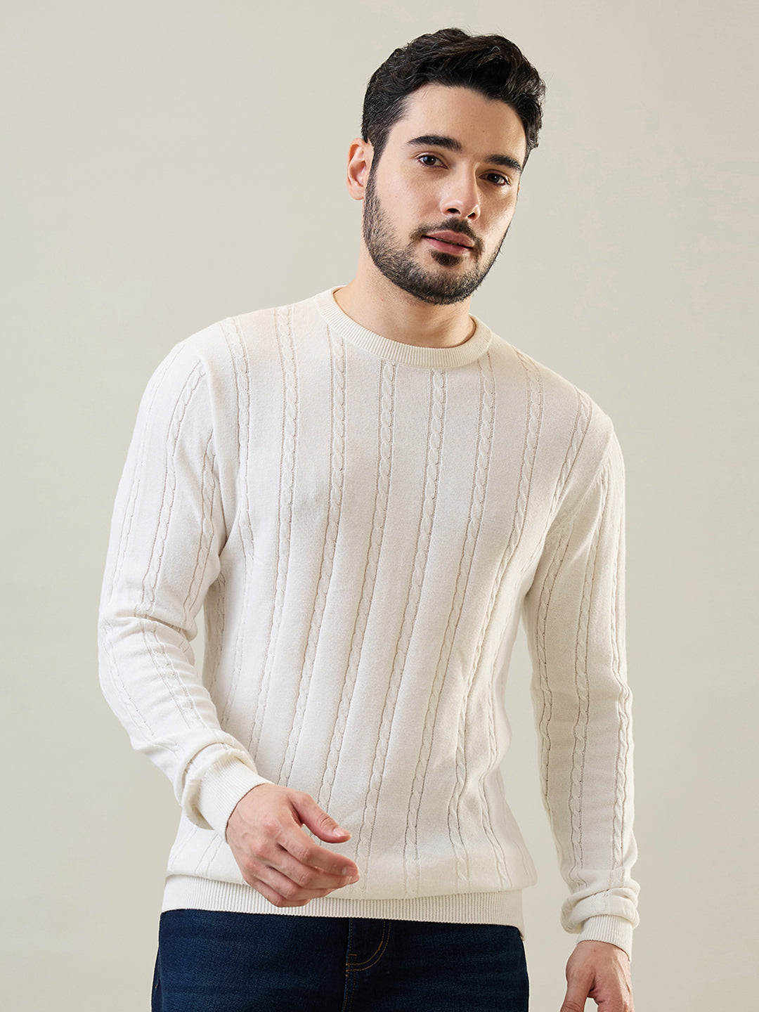 Tim Paris Pullover - White Round Neck Winter Sweater