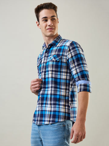 Tim Paris Shirt: Navy Blue Checks Mandrin Collar