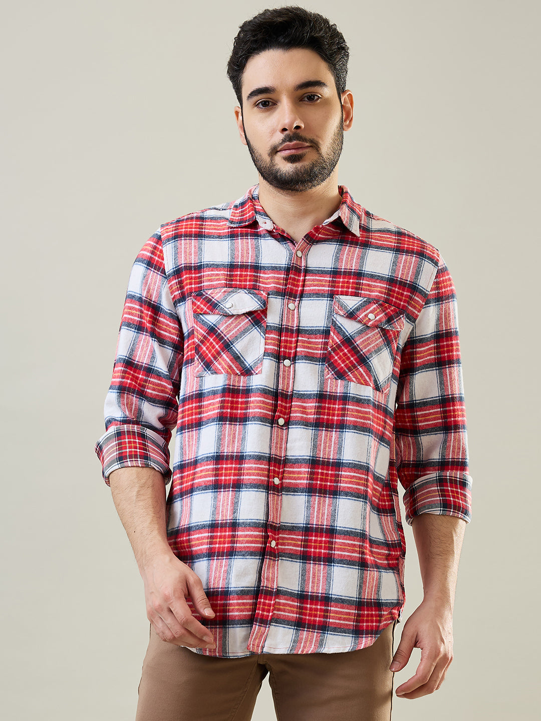 Tim Paris Red-Black Checks Shirt – Mandarin Collar