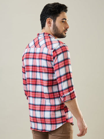 Tim Paris Red-Black Checks Shirt – Mandarin Collar