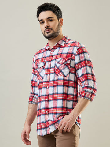 Tim Paris Red-Black Checks Shirt – Mandarin Collar