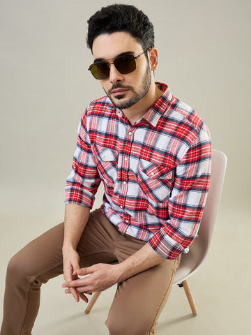 Tim Paris Red-Black Checks Shirt – Mandarin Collar