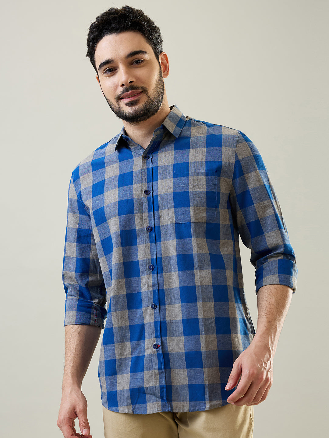 Tim Paris Blue-Grey Checks Shirt – Regular Collar