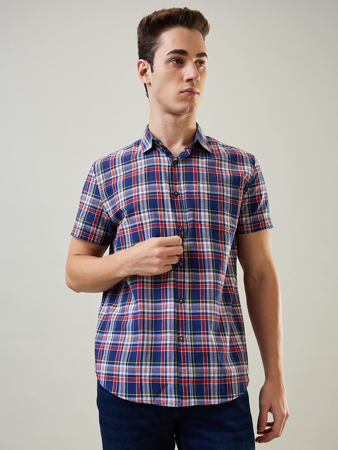 Tim Paris Shirt: Navy-Red Checks Regular Collar