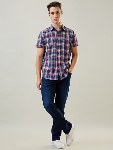 Tim Paris Shirt: Navy-Red Checks Regular Collar