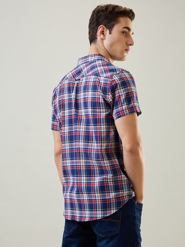 Tim Paris Shirt: Navy-Red Checks Regular Collar