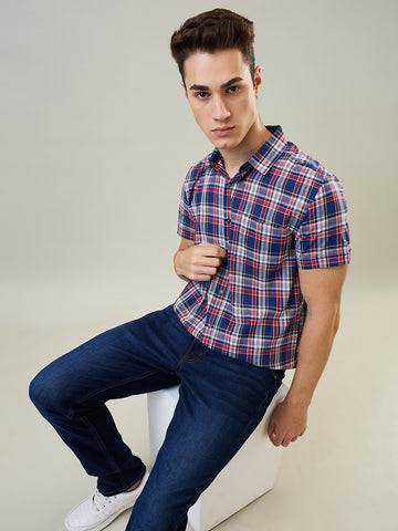 Tim Paris Shirt: Navy-Red Checks Regular Collar