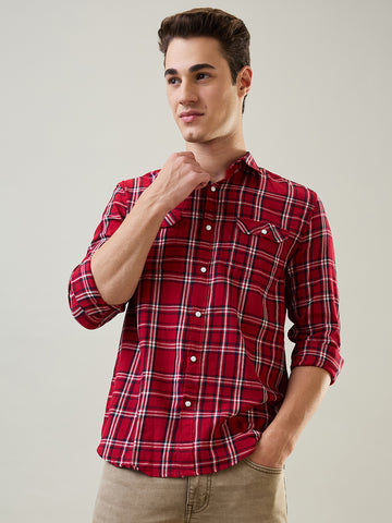 Tim Paris Shirt: Red-Black Checks Mandarin Collar