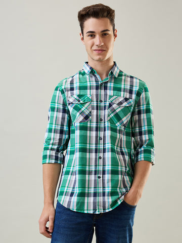 Tim Paris Shirt: Green-White Checks Mandarin Collar