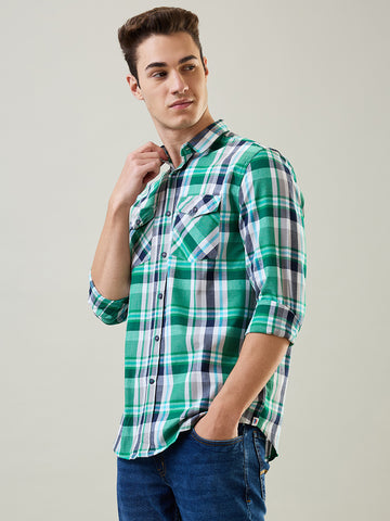 Tim Paris Shirt: Green-White Checks Mandarin Collar