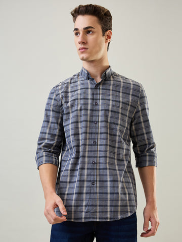 Tim Paris Shirt: Navy-Beige Checks Regular Collar