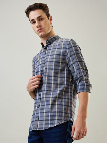 Tim Paris Shirt: Navy-Beige Checks Regular Collar