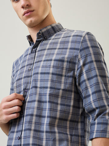 Tim Paris Shirt: Navy-Beige Checks Regular Collar