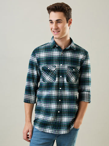 Tim Paris Shirt: Green-White Checks Mandarin Collar