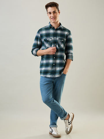 Tim Paris Shirt: Green-White Checks Mandarin Collar