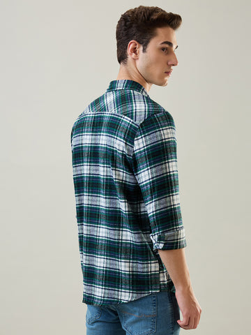 Tim Paris Shirt: Green-White Checks Mandarin Collar