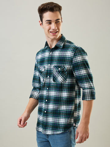 Tim Paris Shirt: Green-White Checks Mandarin Collar