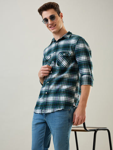 Tim Paris Shirt: Green-White Checks Mandarin Collar