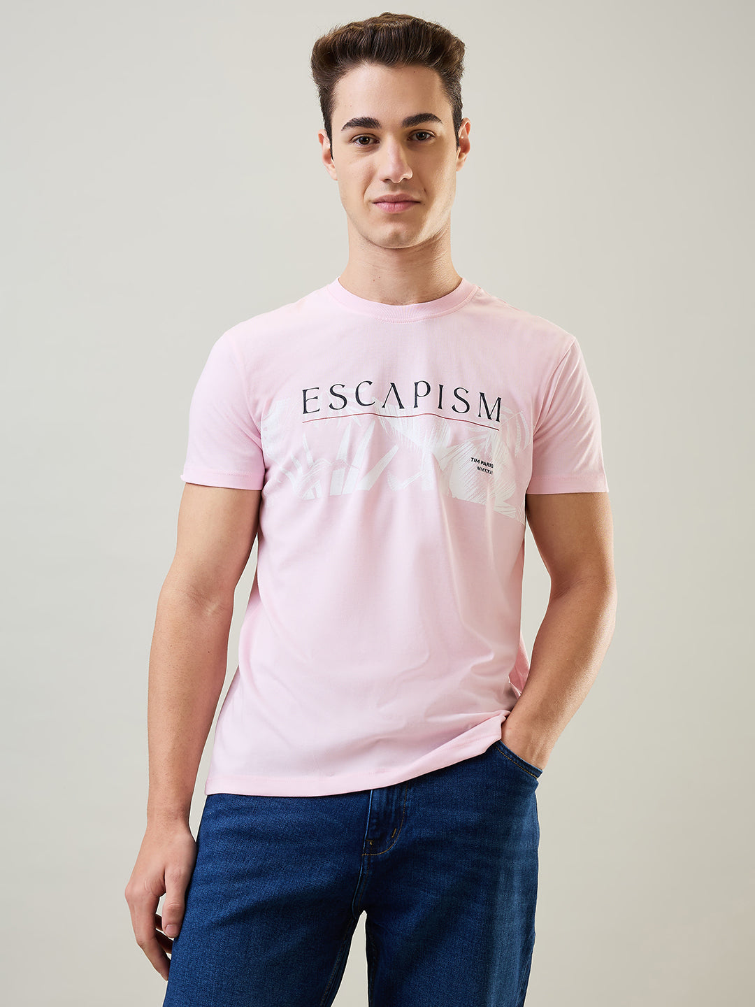 Tim Paris T-Shirt: Pink Round Neck Graphic Print