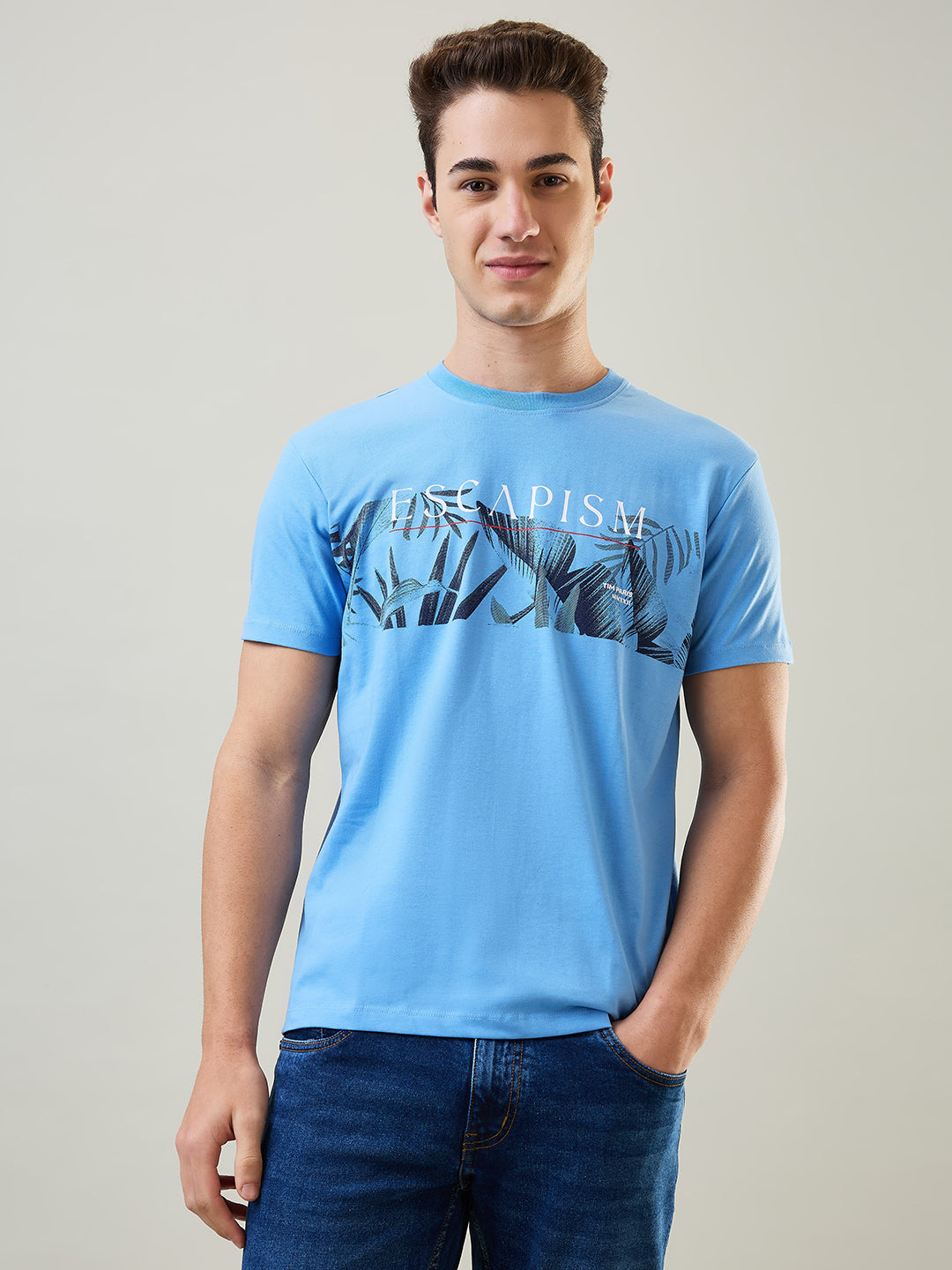 Tim Paris T-Shirt: Robbia Blue Round Neck Graphic Print