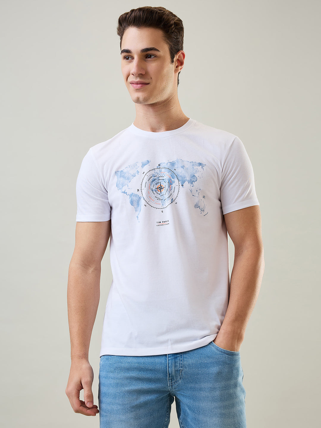 Tim Paris T-Shirt: White Round Neck Graphic Print