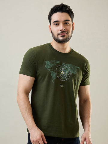 Tim Paris Men's Dark Olive Round Neck Graphic Print T-Shirt