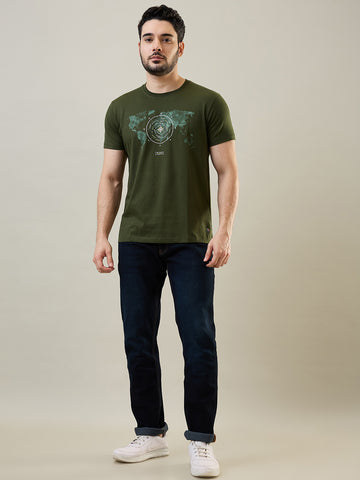 Tim Paris Men's Dark Olive Round Neck Graphic Print T-Shirt