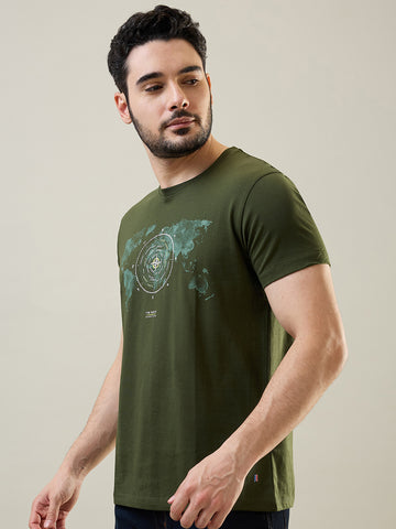 Tim Paris Men's Dark Olive Round Neck Graphic Print T-Shirt