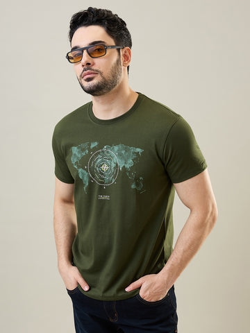 Tim Paris Men's Dark Olive Round Neck Graphic Print T-Shirt