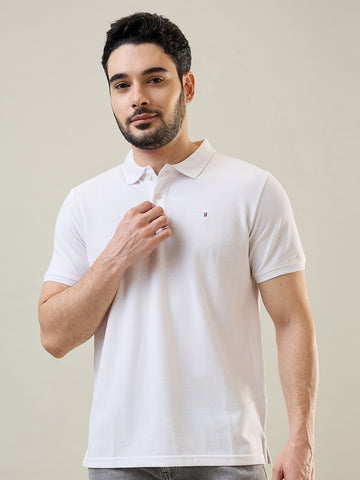 Tim Paris Men's White Polo Neck Solid T-Shirt