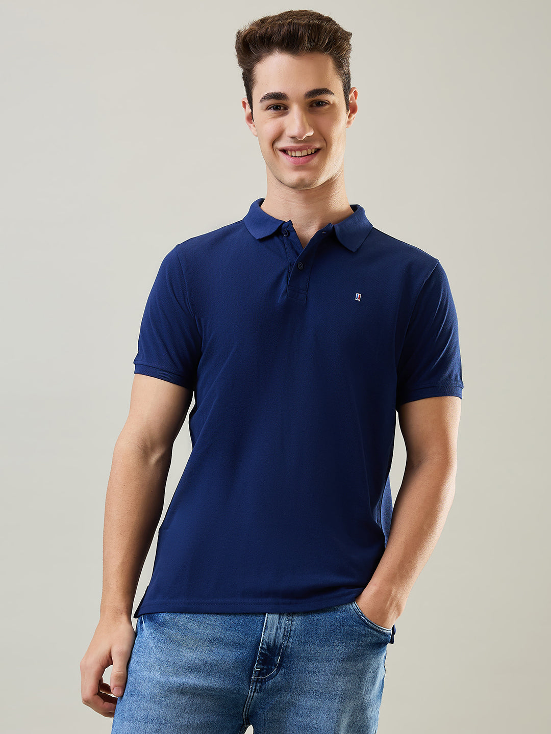 Tim Paris T-Shirt: Navy Blue Polo Neck Solid