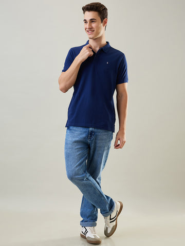 Tim Paris T-Shirt: Navy Blue Polo Neck Solid