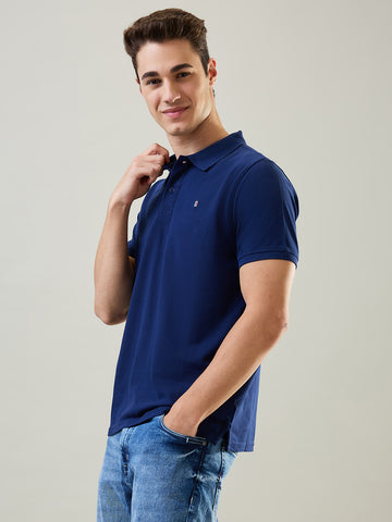 Tim Paris T-Shirt: Navy Blue Polo Neck Solid