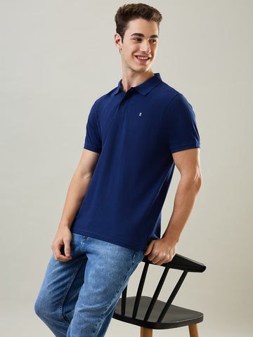 Tim Paris T-Shirt: Navy Blue Polo Neck Solid