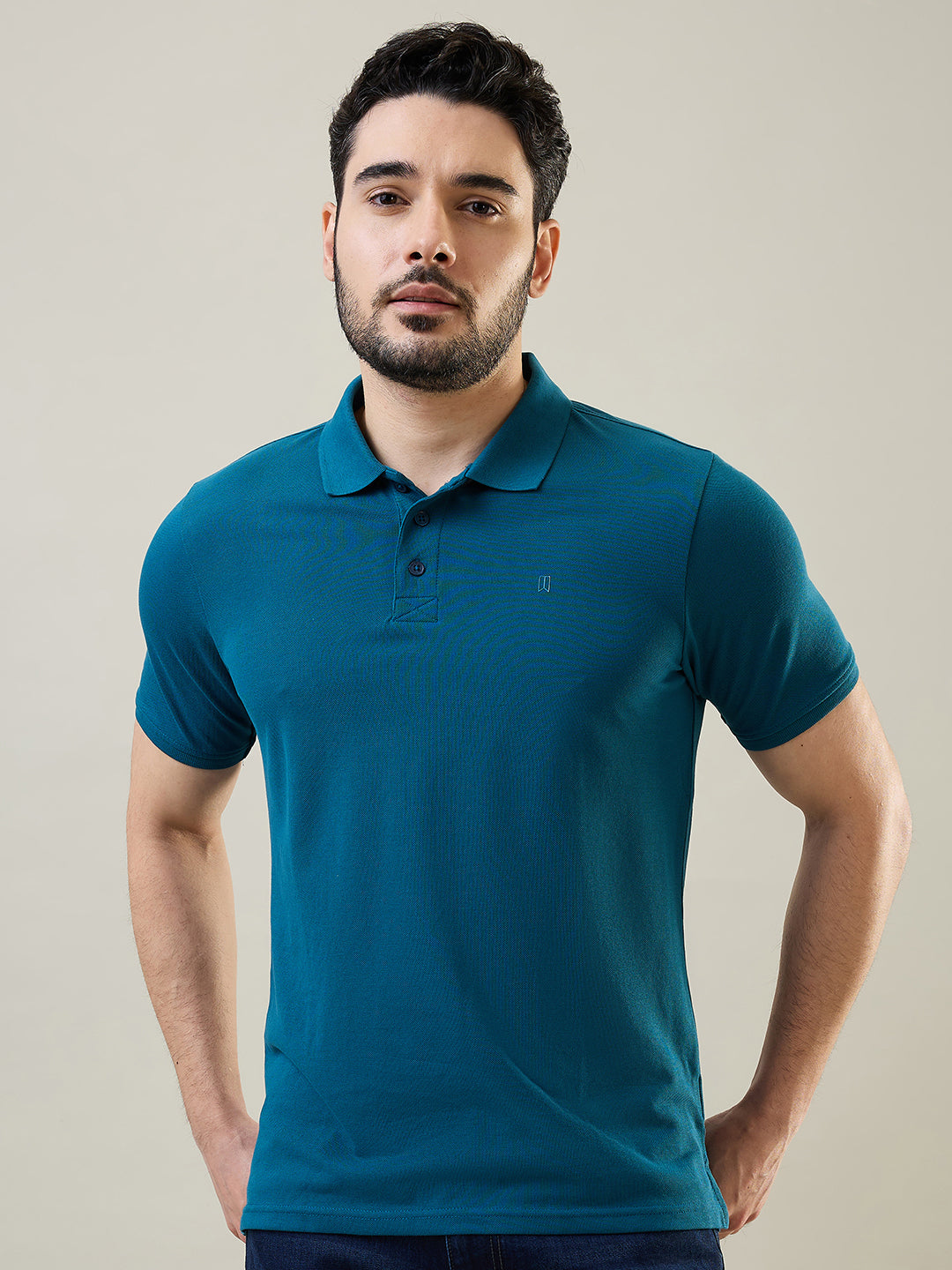 Tim Paris Men's Teal Blue Polo Neck Solid T-Shirt