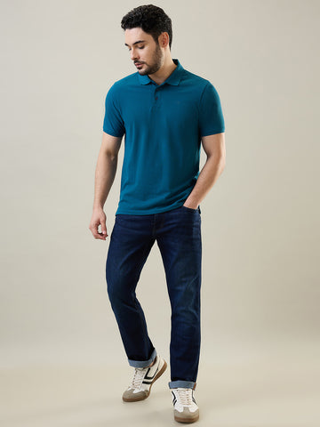 Tim Paris Men's Teal Blue Polo Neck Solid T-Shirt