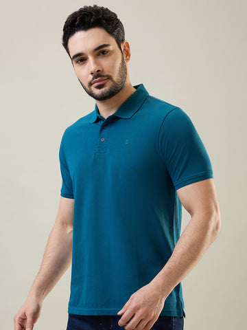 Tim Paris Men's Teal Blue Polo Neck Solid T-Shirt