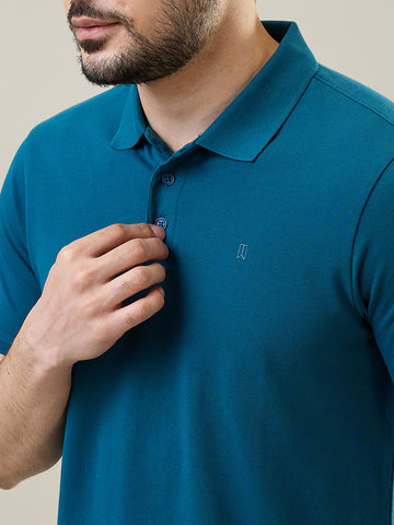 Tim Paris Men's Teal Blue Polo Neck Solid T-Shirt