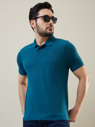 Tim Paris Men's Teal Blue Polo Neck Solid T-Shirt