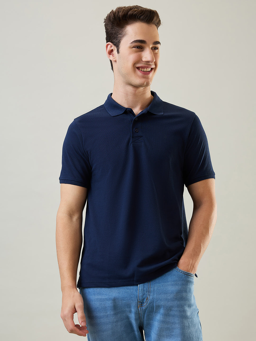 Tim Paris T-Shirt: Dress Blue Polo Neck Solid