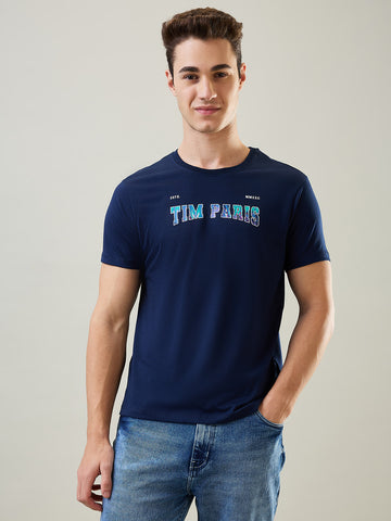 Tim Paris T-Shirt: Dress Blue Round Neck Graphic Print