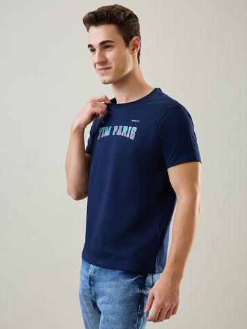 Tim Paris T-Shirt: Dress Blue Round Neck Graphic Print