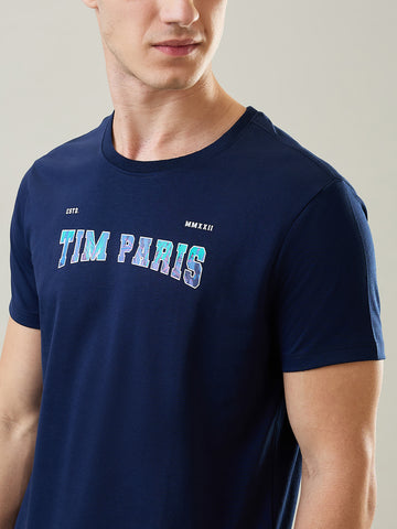 Tim Paris T-Shirt: Dress Blue Round Neck Graphic Print