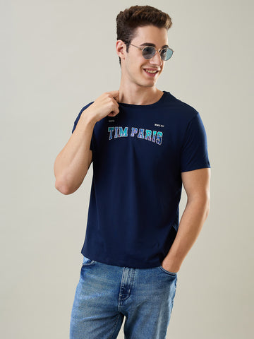 Tim Paris T-Shirt: Dress Blue Round Neck Graphic Print