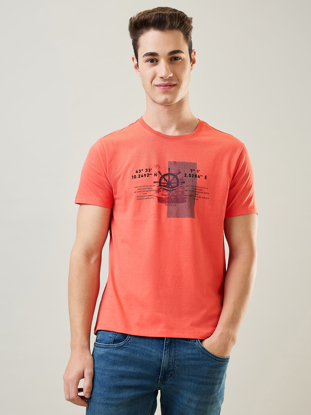 Tim Paris T-Shirt: Hot Coral Round Neck Graphic Print