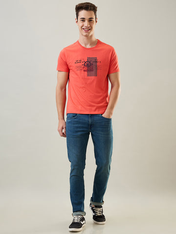 Tim Paris T-Shirt: Hot Coral Round Neck Graphic Print