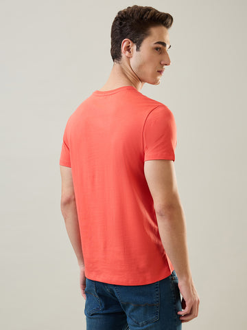 Tim Paris T-Shirt: Hot Coral Round Neck Graphic Print