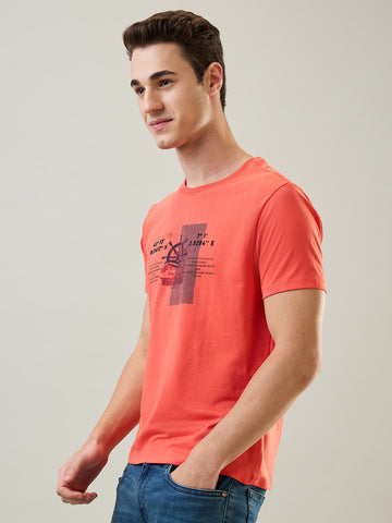 Tim Paris T-Shirt: Hot Coral Round Neck Graphic Print