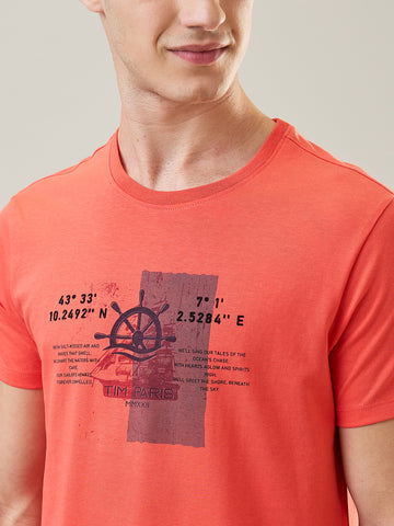 Tim Paris T-Shirt: Hot Coral Round Neck Graphic Print